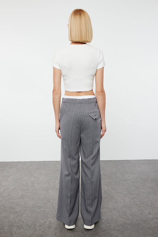 Gri Boxer Detalı Wide Leg/Geniş Paça Dokuma Kumaş Pantolon TWOAW25PL00014 - 5
