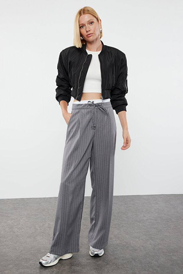 Gri Boxer Detalı Wide Leg/Geniş Paça Dokuma Kumaş Pantolon TWOAW25PL00014 - 1