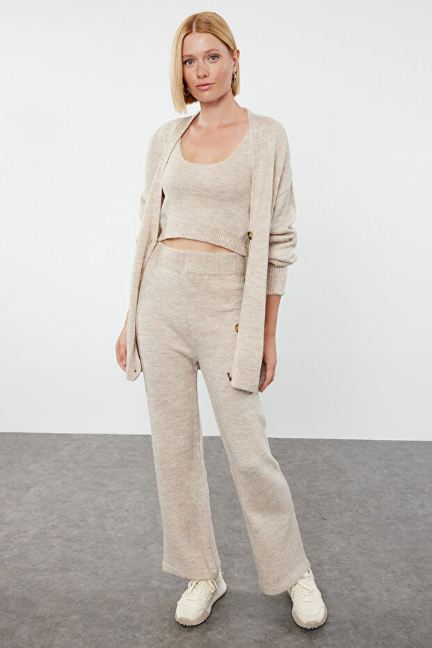 Stone Wide Fit Soft Textured 3-Piece Knitwear Top and Bottom Set Twoaw24Au00015