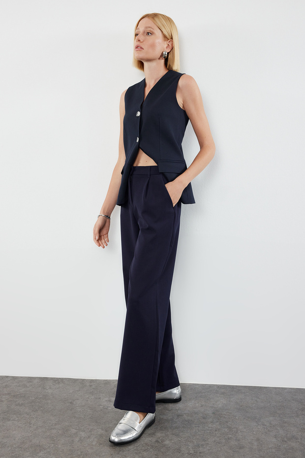 Koyu Lacivert Yüksek Bel Wide Leg/Geniş Paça Pilili Dokuma Kumaş Pantolon TWOAW21PL0076 - 7