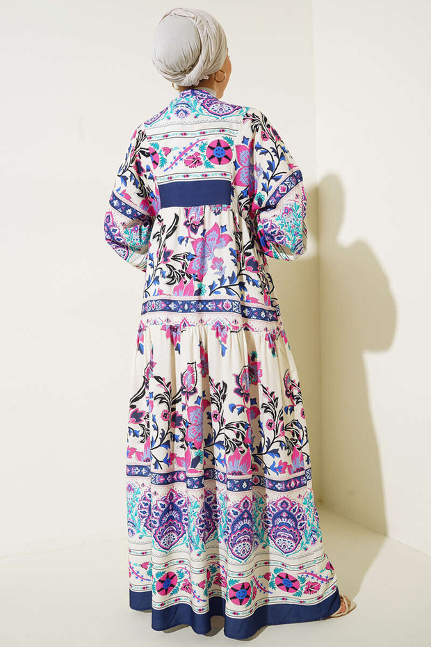2423 Authentic Patterned Hijab Dress - Navy Blue - 4