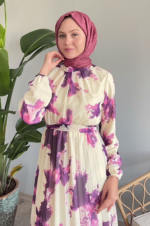Batik Soyut Desen Fuşya Şifon Elbise - 5