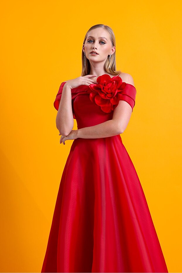 Çiçekli Maxi Kırmızı Kloş Elbise - 4