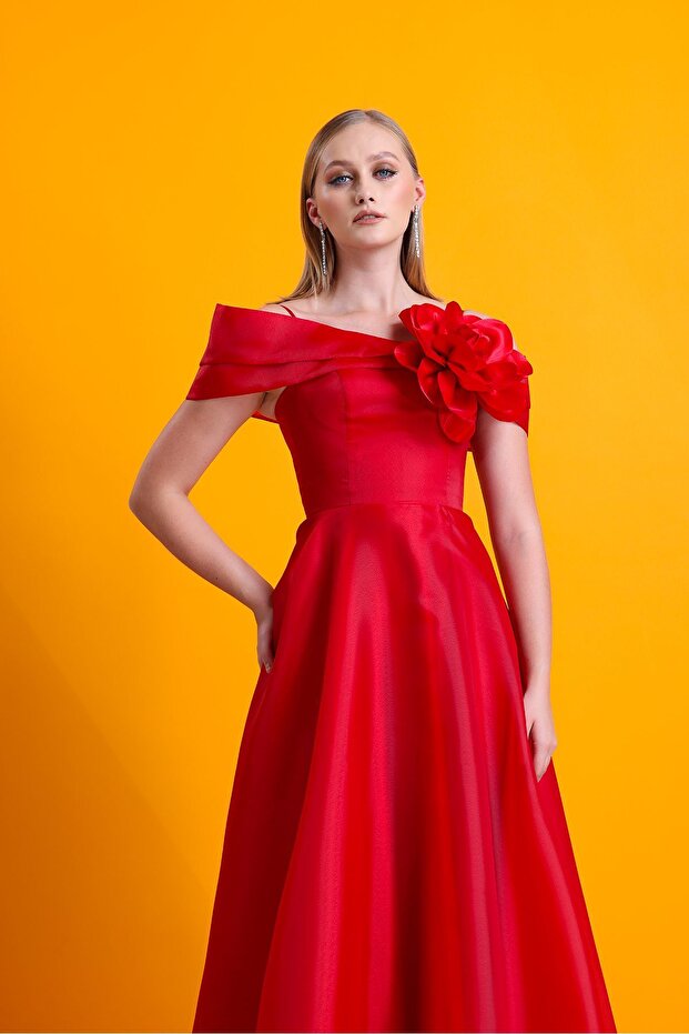 Çiçekli Maxi Kırmızı Kloş Elbise - 3