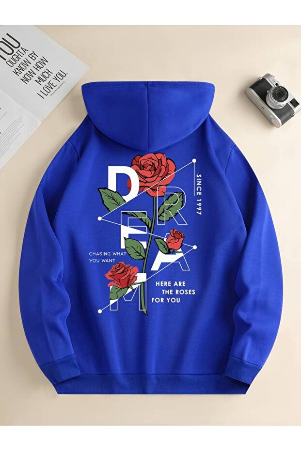 Unisex Dream Gül Printed Oversized Winter 3 Thread 100% Cotton K Hooded Sweatshirt Hoodie