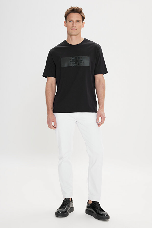 Modern Fit Rahat Kesim %100 Pamuk Baskılı Bisiklet Yaka Siyah Tişört - 2