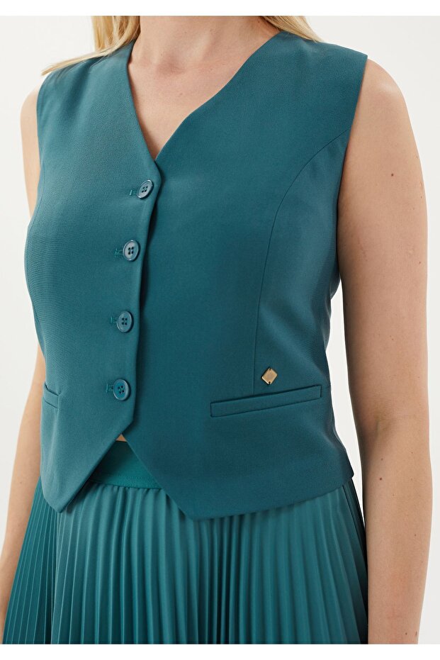 V-Neck Woven Stylish Mint Green Vest with Belt Detail