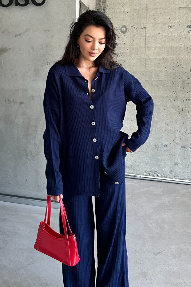 Women's Navy Blue Shirt Collar Buttoned Hijab Top and Bottom Knitwear Set