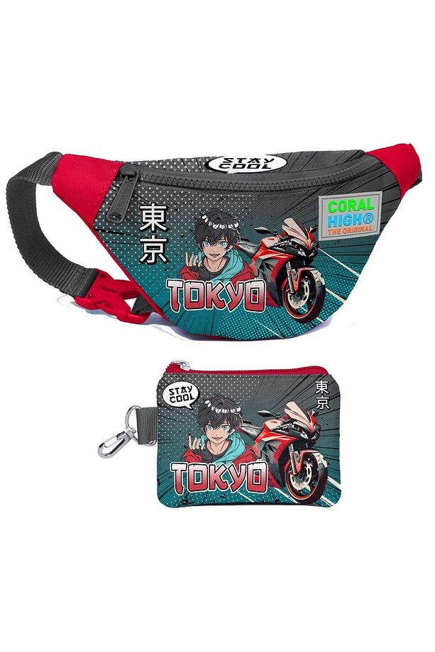Erkek Çocuk Gri Nefti Anime Motorsiklet Desenli Bel Çantası ve Bozuk Para Cüzdanı Set - 1