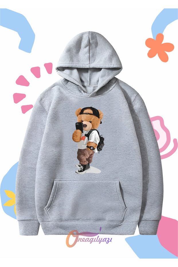 Bear Selfie Printed Oversize Hooded Sweatshirt