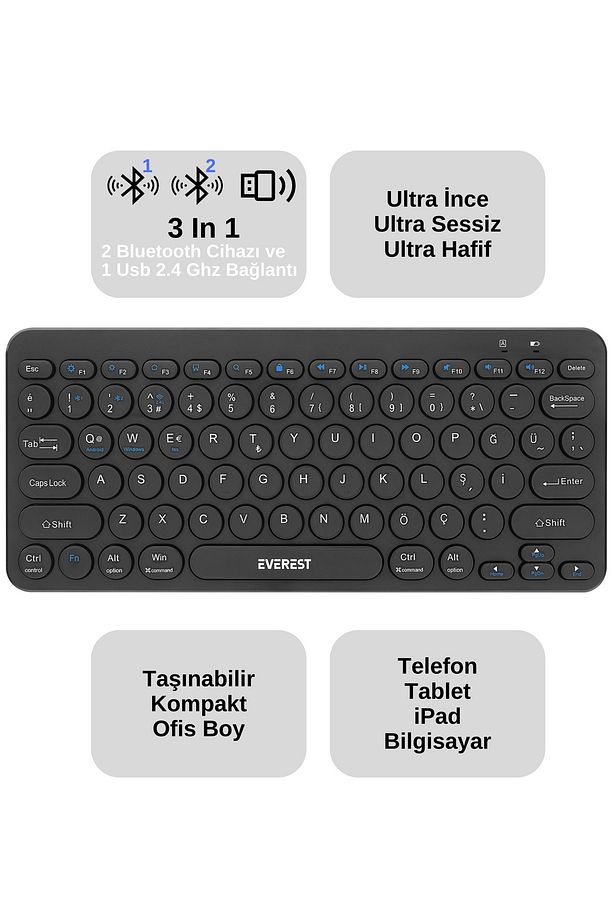 KB-BT16 3 Cihaz Desteği 2.4G+BT1+BT2 Android-Ios-PC Türkçe Q Klavye Kablosuz Klavye Bluetooth Klavye - 1