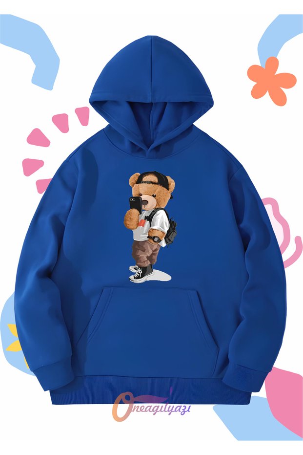 Children's Unisex Bear Selfie Printed Oversize Hooded Sweatshirt
