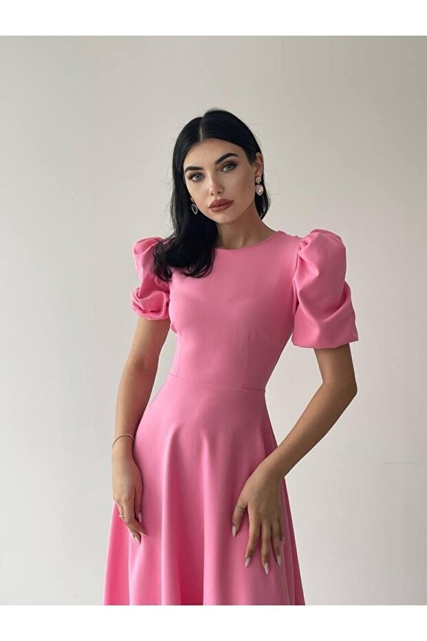Pembe Karpuz Kollu Midi Boy Elbise - 4