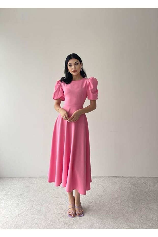 Pembe Karpuz Kollu Midi Boy Elbise - 5