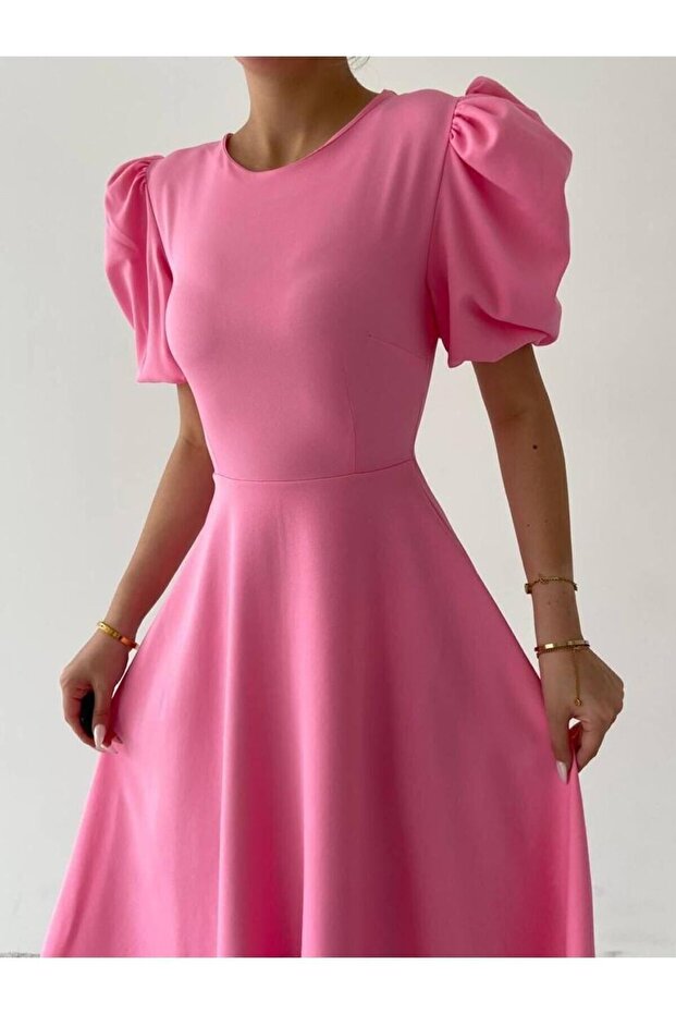 Pembe Karpuz Kollu Midi Boy Elbise - 3