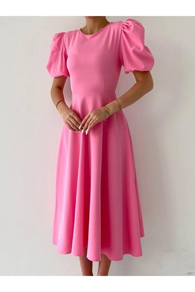 Pembe Karpuz Kollu Midi Boy Elbise - 6