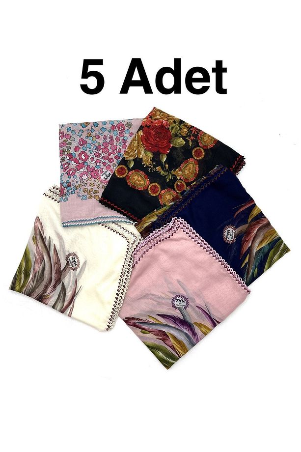 Kenarları Oyalı 5'li Set %100 Pamuklu Yazma 100X100cm Eşarp Toptan Dağıtmalık - 1