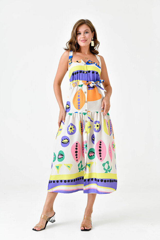 Women's Digital Print Patterned Fabric Button and Sash Design Strappy Maxi Evening Dress 10761