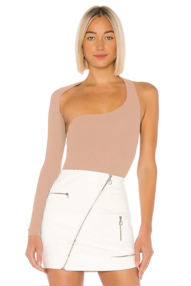 Women's Beige Asymmetrical Cut Silk Jersey Bodysuit