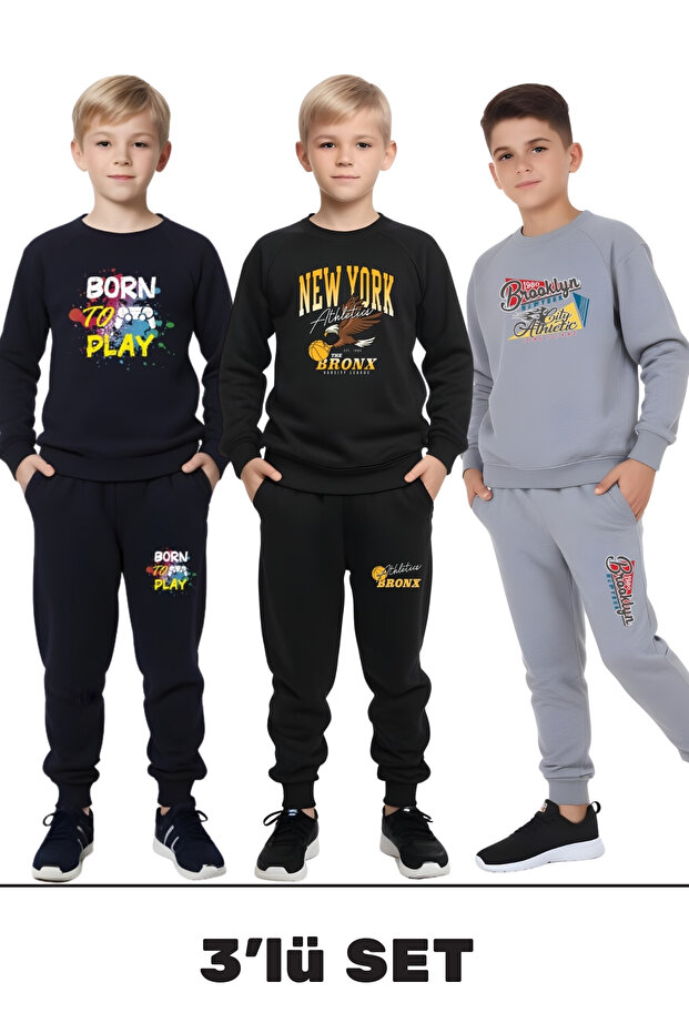 3-Piece Born-Brooklyn-Nyc Printed Boys' Round Neck Double Pocket Yellow-Grey-Navy Blue Tracksuit Set