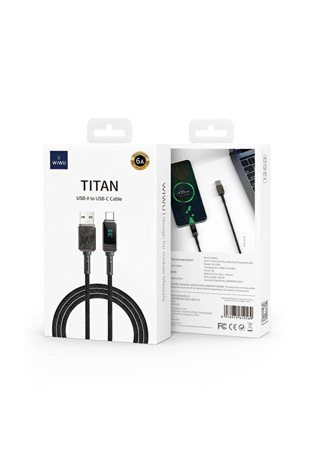 LED Dijital Göstergeli Type-C Usb Kablo Wiwu Wi-C038 Titan Serisi 6A 66W Şarj ve Data Kablo Siyah - 4