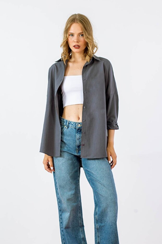 Kadın Oversize Uzun Basic Gömlek - 1
