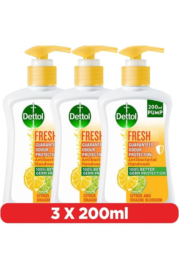 Dettol Fresh Antibacterial Handwash Pump, Citrus & Orange Blossom Fragrance, 200 ml, Pack of 3
