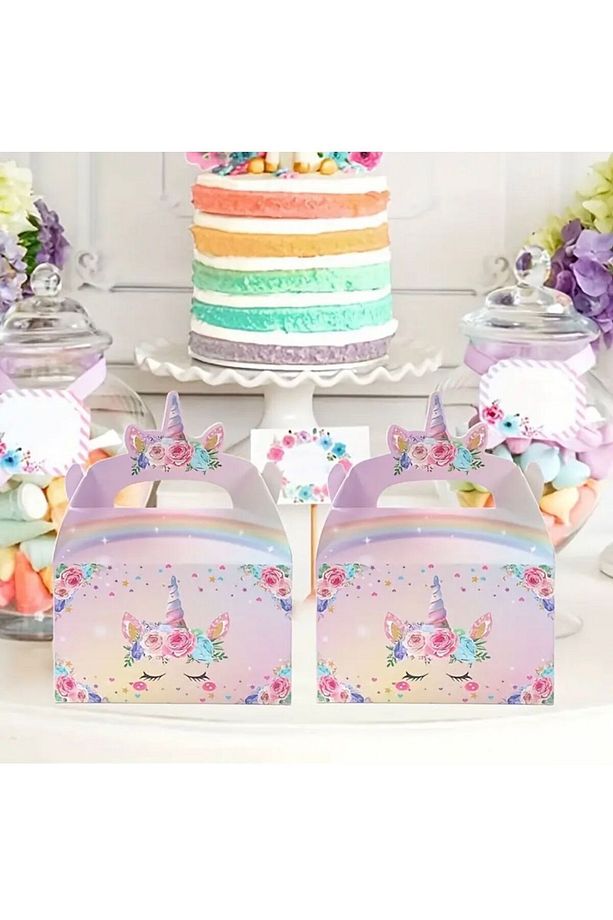 4 Adet Gökkuşağı Renkli Unicorn Ve Balon Desenli Hediyelik, Şeker Ve Çikolata Kutusu - 3
