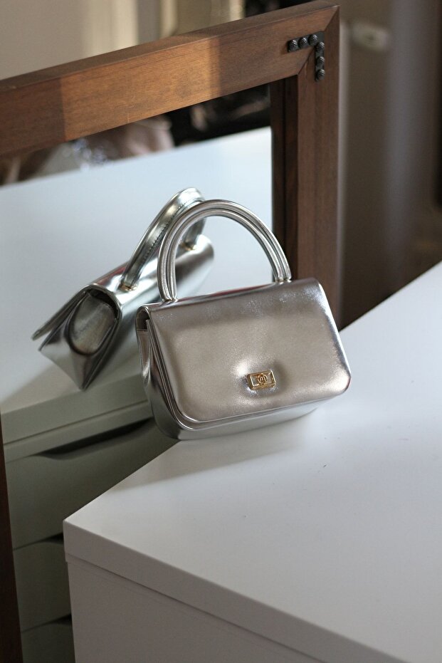 Women's Silver Soft Shiny Leather Handle Shoulder Bag
