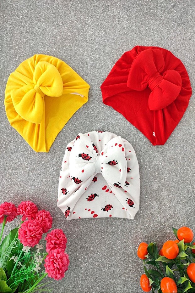 3-Piece Colorful Patterned Baby Girl Bonnet Set - Bandana Set (3-12 Months)