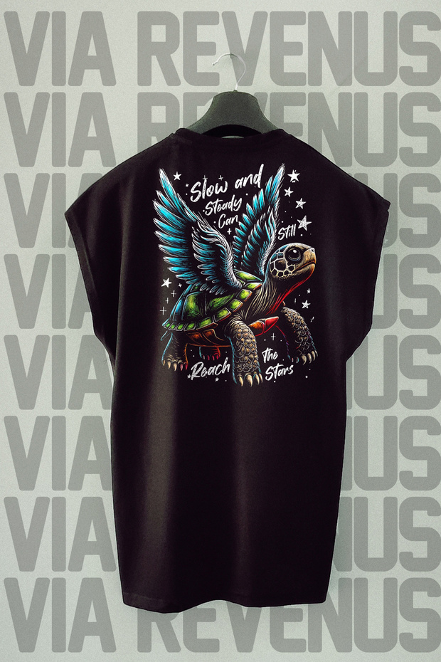 Slow and Steady Back Printed Sleeveless Black Sports T-Shirt
