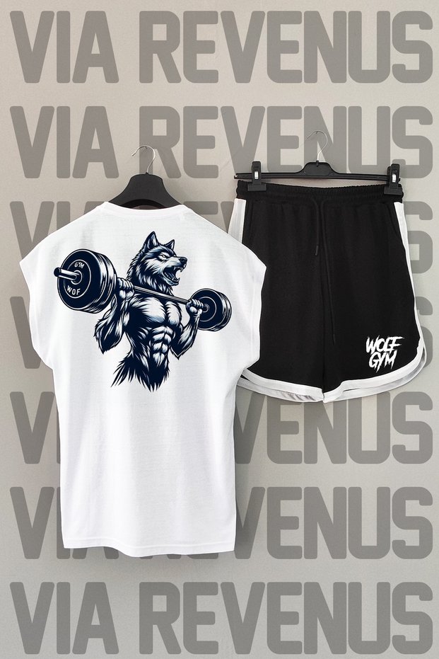 Wolf Gym Back Printed Zero Sleeve Crew Neck White Sports Tshirt and Black Sports Shorts Set