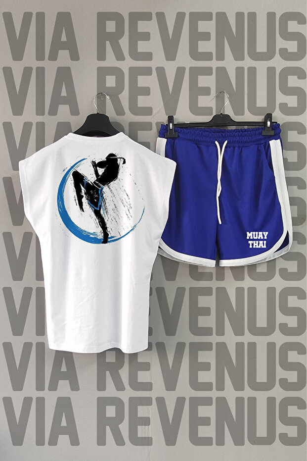 Muay Thai Back Printed Zero Sleeve Crew Neck White Sports Tshirt and Blue Sports Shorts Set