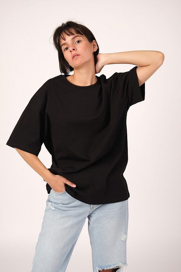 Oversize Better Late Than Never Baskılı Siyah Tshirt - 4