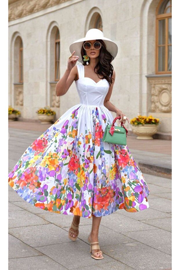 Women's Thick Strapped Square Neck Floral Dress with Elastic Back and Knee-Length Midi Length