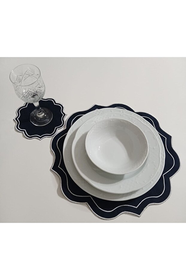 Set of 12 Dark Blue Color White Wrap Embroidered American Placemat and Coasters
