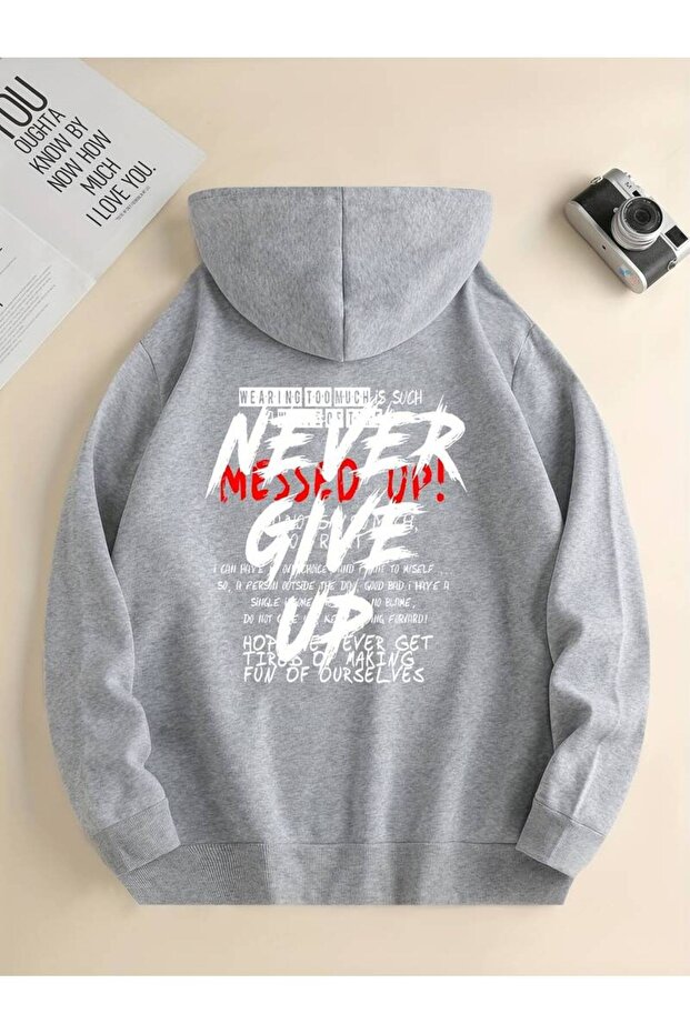 Unisex Never Give up Printed Oversized Winter 3 Thread 100% Cotton K Hooded Sweatshirt Hoodie