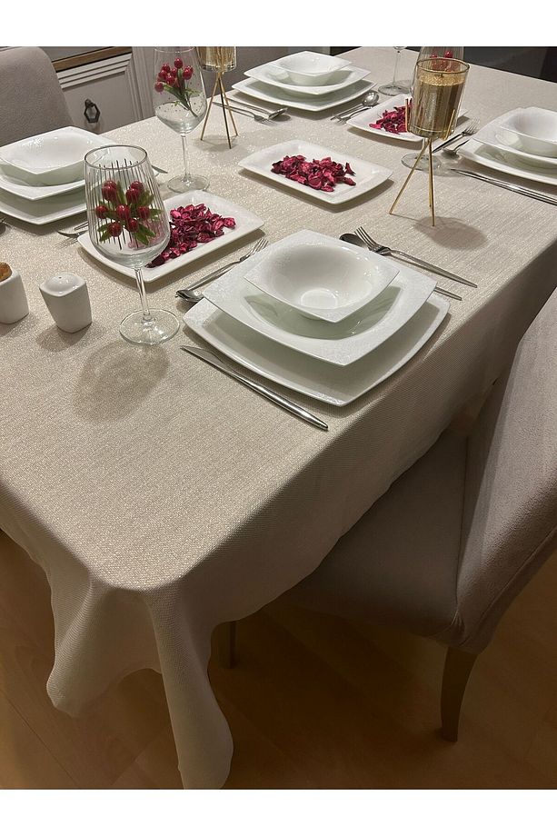 Polyester Keten Linen Simli Masa Örtüsü Gold - 6
