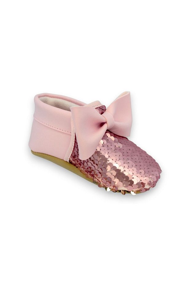 Pembe Gold Pul Payetli Fiyonklu Kız Bebek Babet Patik G-2366 - 3