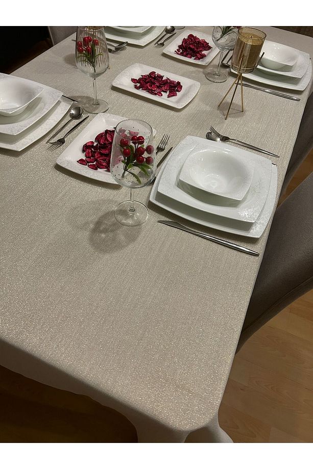 Polyester Keten Linen Simli Masa Örtüsü Gold - 4