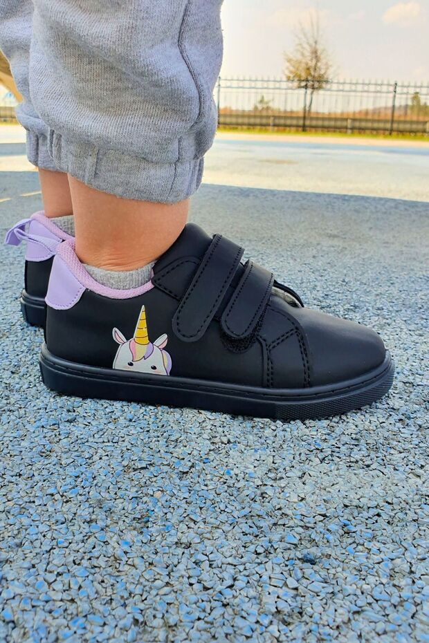 Unicorn Printed Black Velcro Girls' Casual Sneaker Sports Shoes-S-1006