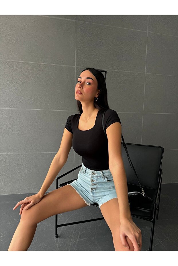 أسود مربع الرقبة قصيرة الأكمام Slimfit الجسم الأساسي 27174