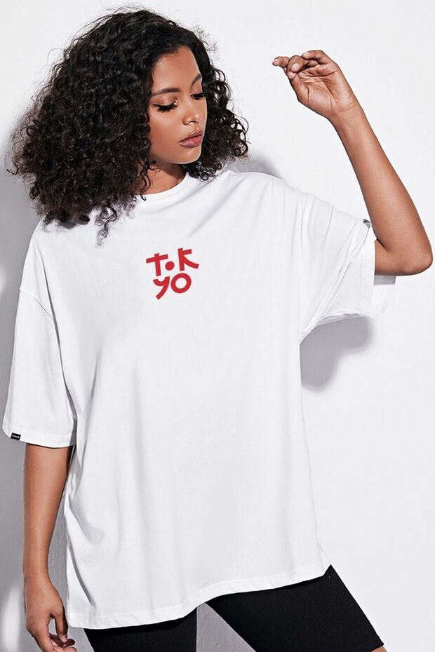 Oversize Tokyo Baskılı Beyaz Tshirt - 4