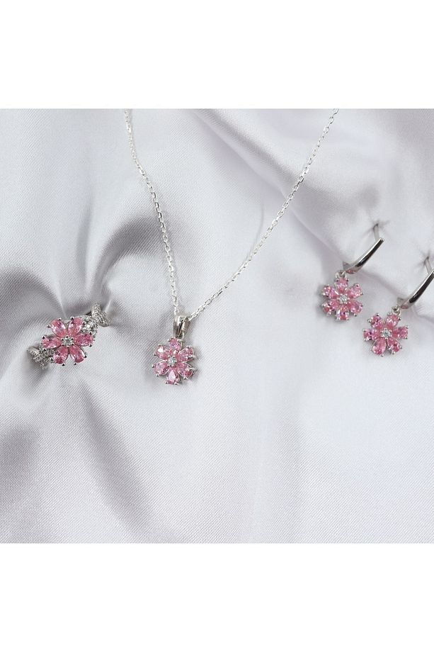 Lotus Çiçeği Gümüş Takı Seti, Pembe Takı Seti, Yüzük - Küpe - Kolye Set - 2