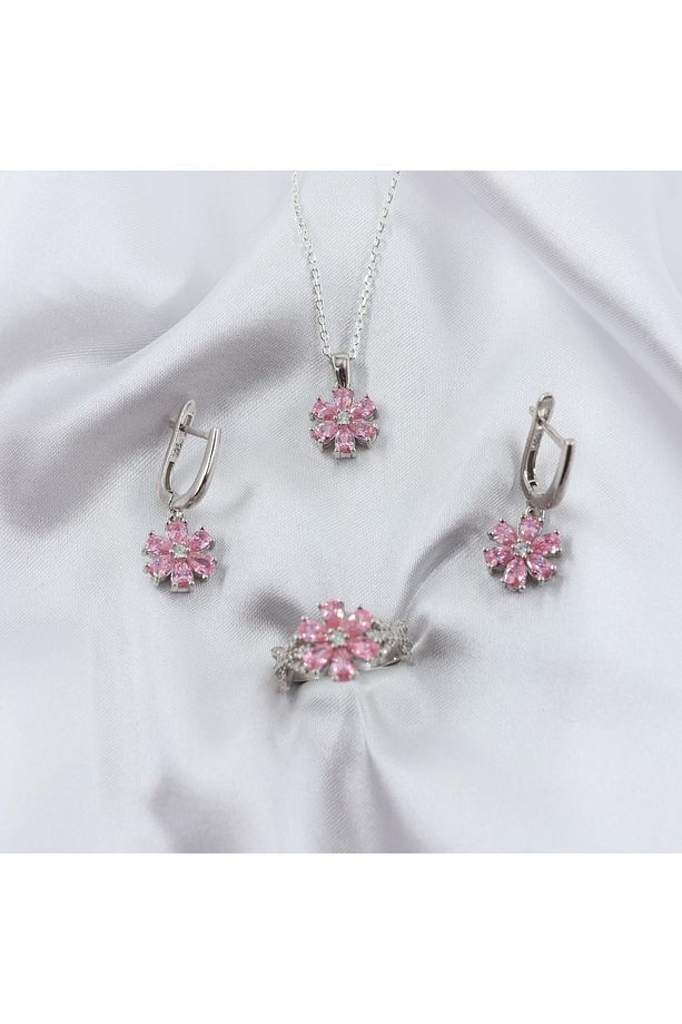 Lotus Çiçeği Gümüş Takı Seti, Pembe Takı Seti, Yüzük - Küpe - Kolye Set - 1