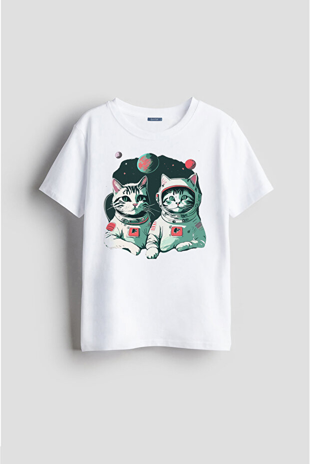 Astronaut Cat Couple Patterned Drawing Special Design Printed Unisex Kids T-Shirt