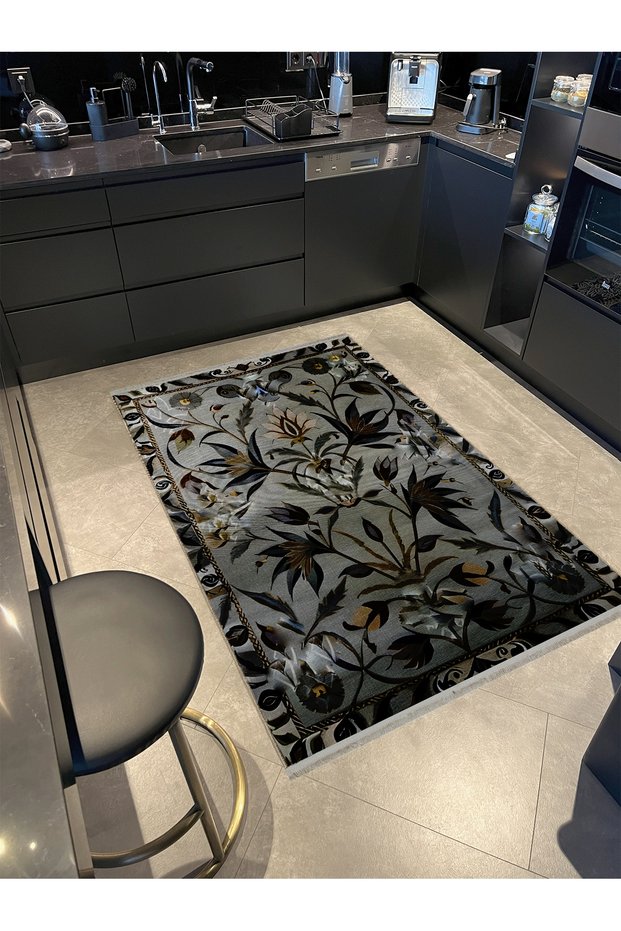 Dark Tones Antique Design Series Fringed Leaf Detailed Patterned Decorative Carpet Antik108