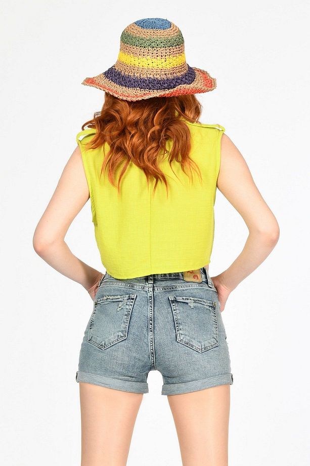 Whatsup Duble Paça Yüksek Bel Denim Şort - 6