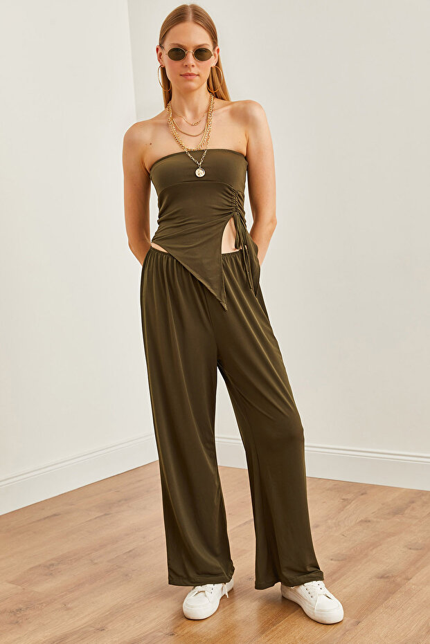 Women's Khaki Top Strapless Asymmetrical Blouse Bottom Palazzo Pants Set Tkm-19000299