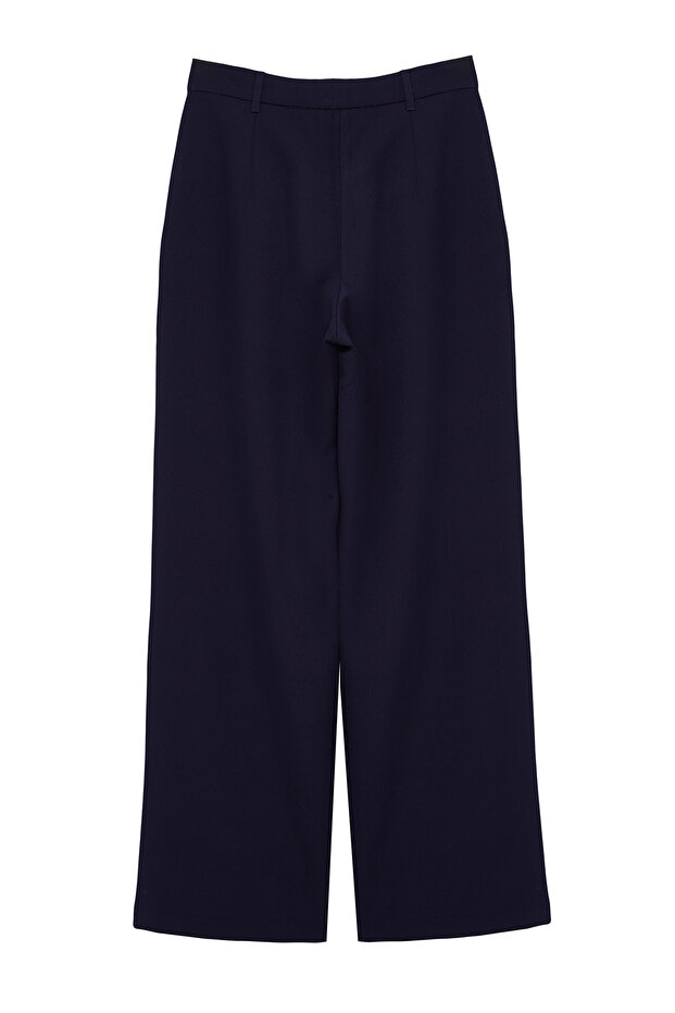 Koyu Lacivert Yüksek Bel Wide Leg/Geniş Paça Pilili Dokuma Kumaş Pantolon TWOAW21PL0076 - 12